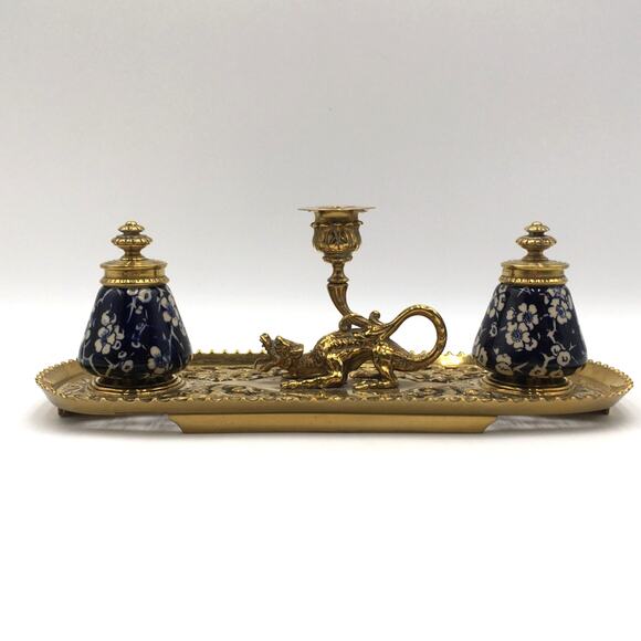 Antique Gilt Bronze Dragon Filigree and Ceramic Inkwell Candle Holder - Picture 1 of 8